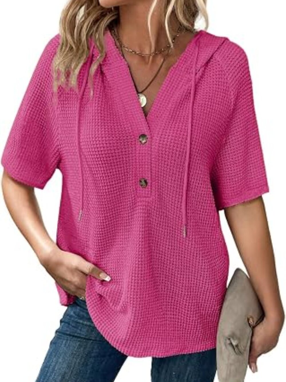 Dokotoo Waffle Knit Hoodie XL Pink Short Sleeve Button V-Neck Drawstring Top